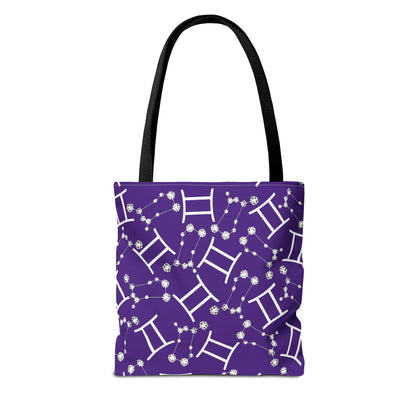 Tote Bag, Gemini Zodiac Sign, AOP, (Purple, White Print)