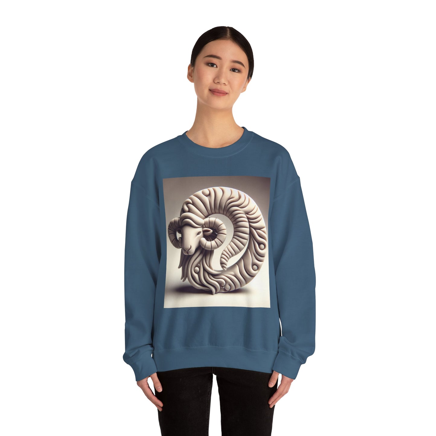 Unisex Heavy Blend™ Crewneck Sweatshirt, Round Statue, Aries Zodiac Design