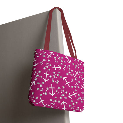 Tote Bag, Sagittarius Zodiac Sign, AOP, (Pink, White Print)