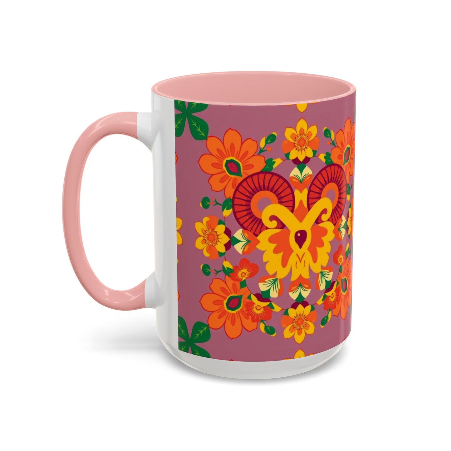 Accent Coffee Mug, Aries, Zodiac v1, Flower Pattern, (11, 15oz)