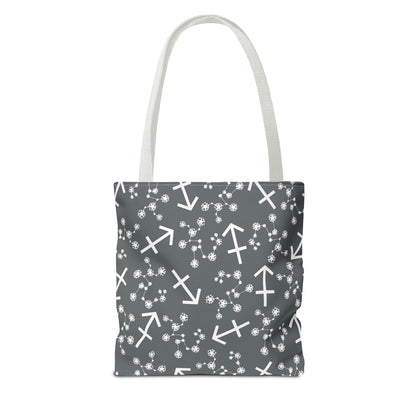 Tote Bag, Sagittarius Zodiac Sign, AOP, (Grey, White Print)