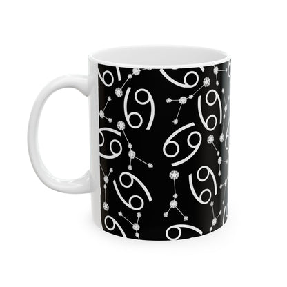 Ceramic Mug, (11oz, 15oz), Ceramic Coffee Mug, Black AOP, Cancer Zodiac Design