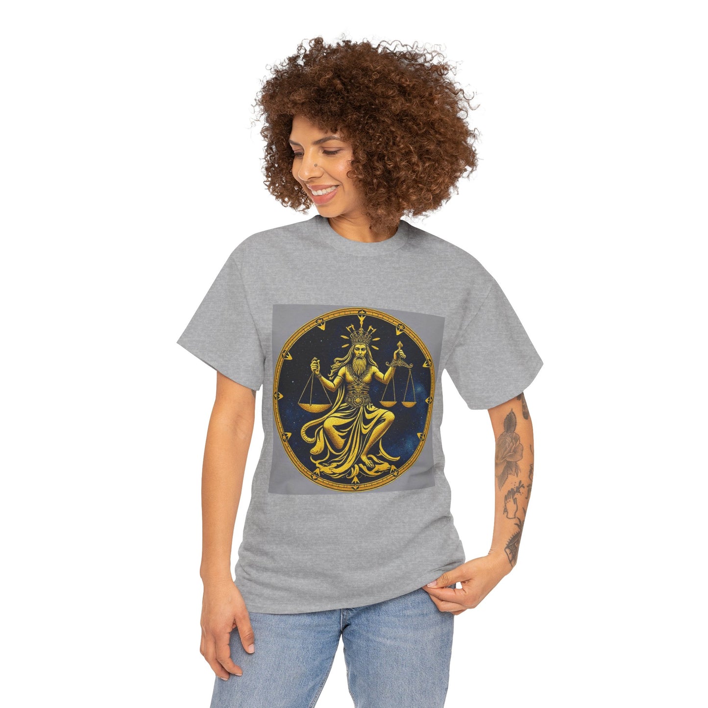 Unisex Heavy Cotton T-Shirt, Gold v1, Libra God, Zodiac Design