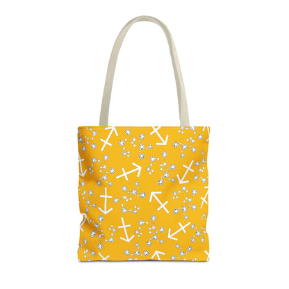 Tote Bag, Sagittarius Zodiac Sign, AOP, (Yellow, White Print)