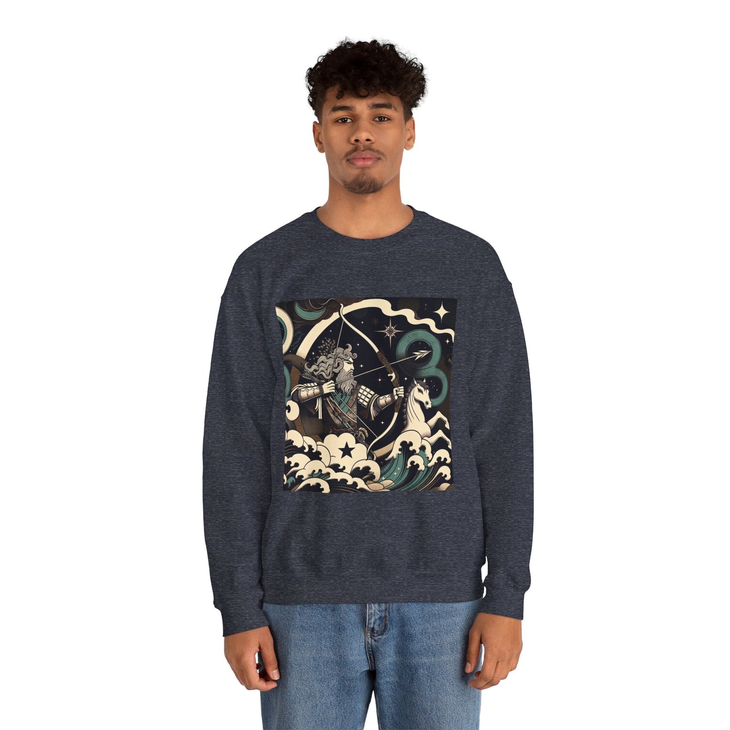 Unisex Heavy Blend™ Crewneck Sweatshirt, Man With Arrow Sagittarius Zodiac Design
