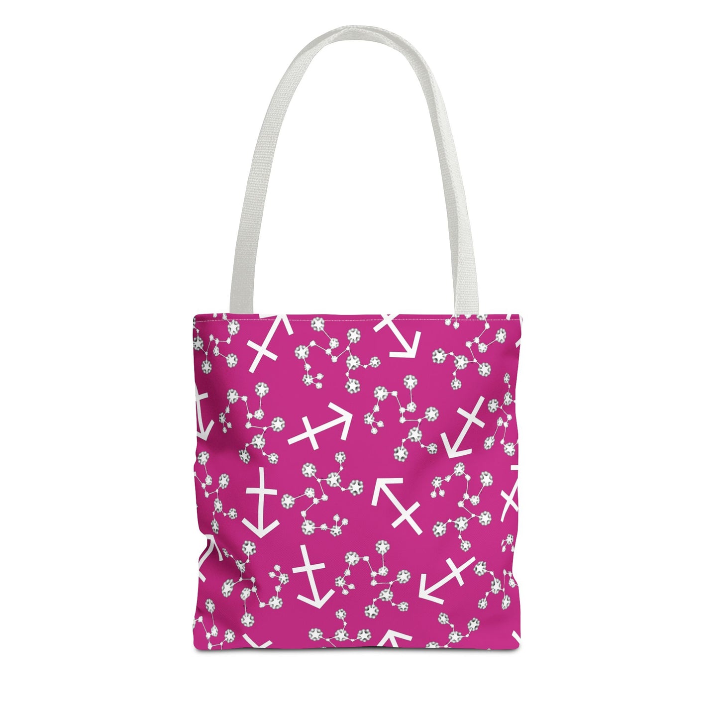 Tote Bag, Sagittarius Zodiac Sign, AOP, (Pink, White Print)