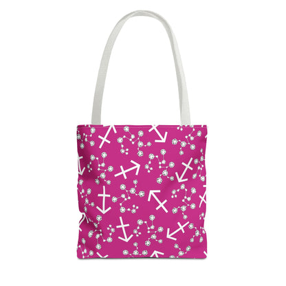 Tote Bag, Sagittarius Zodiac Sign, AOP, (Pink, White Print)