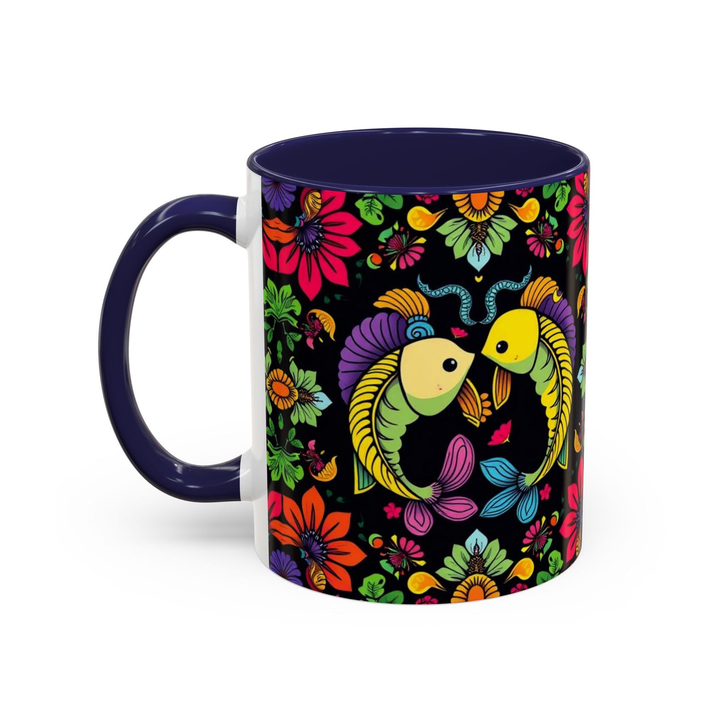 Accent Coffee Mug, Pisces, Zodiac v3, Flower Pattern, (11, 15oz)