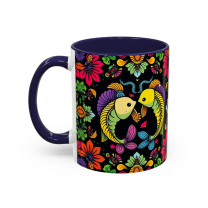 Accent Coffee Mug, Pisces, Zodiac v3, Flower Pattern, (11, 15oz)