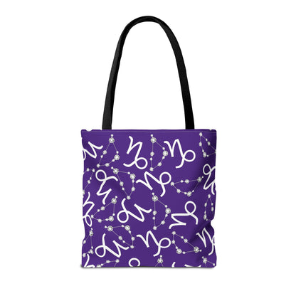 Tote Bag, Capricorn Zodiac Sign, AOP, (Purple, White)