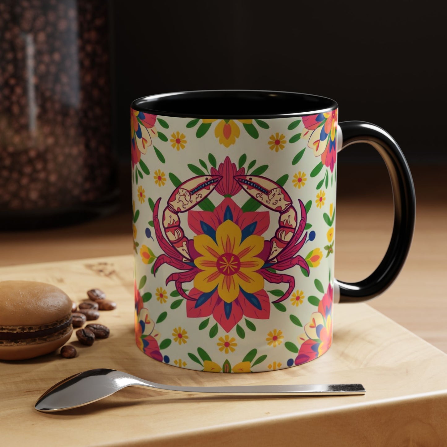 Accent Coffee Mug, Cancer, Zodiac v3, Flower Pattern, (11, 15oz)