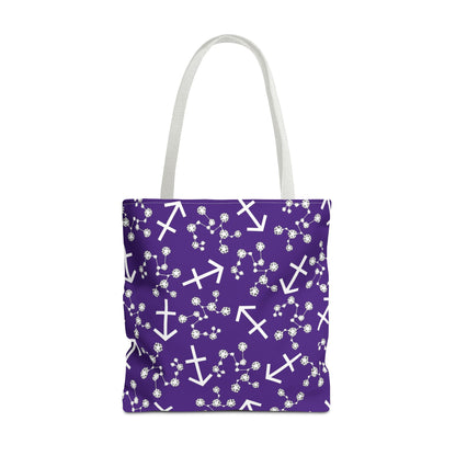 Tote Bag, Sagittarius Zodiac Sign, AOP, (Purple, White Print)