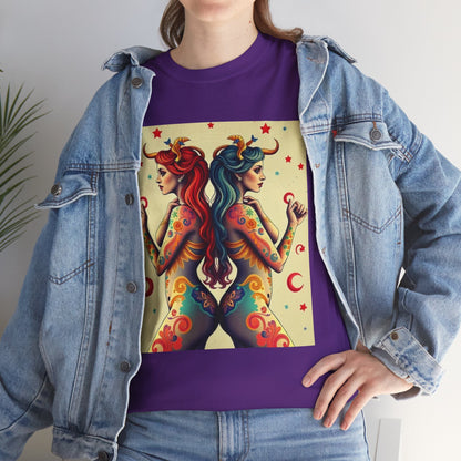 Unisex Heavy Cotton T-Shirt, Gemini, Zodiac v4, Sexy Art