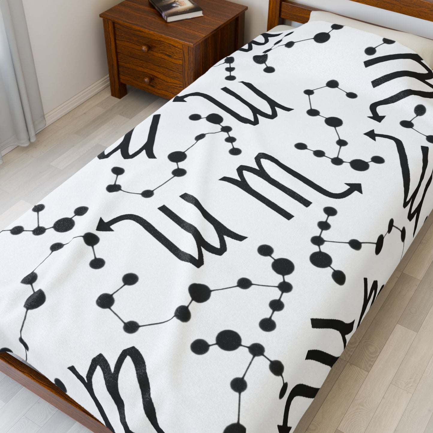 Velveteen Plush Blanket, Scorpio Zodiac Sign, Constellation & Symbol, White, 100% polyester