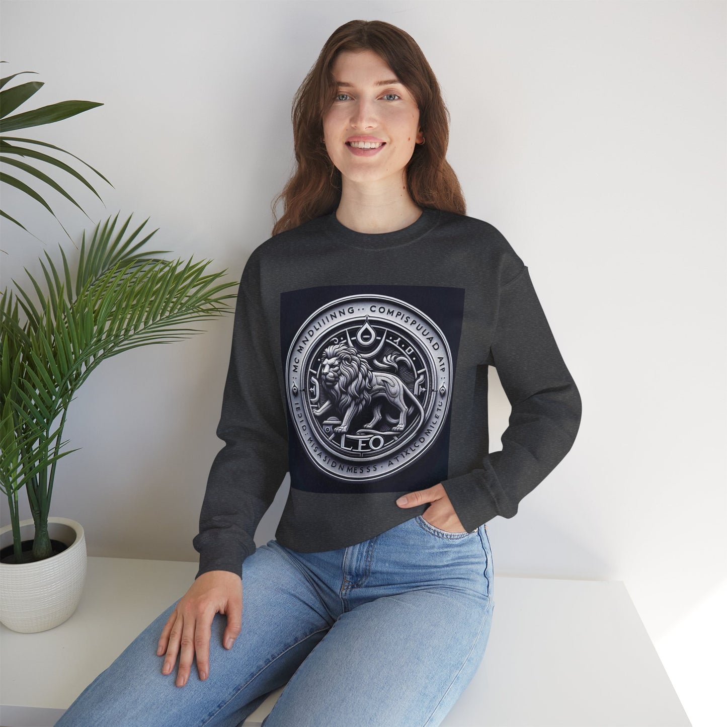 Unisex Heavy Blend™ Crewneck Sweatshirt, Lion Coin, Leo Zodiac Design