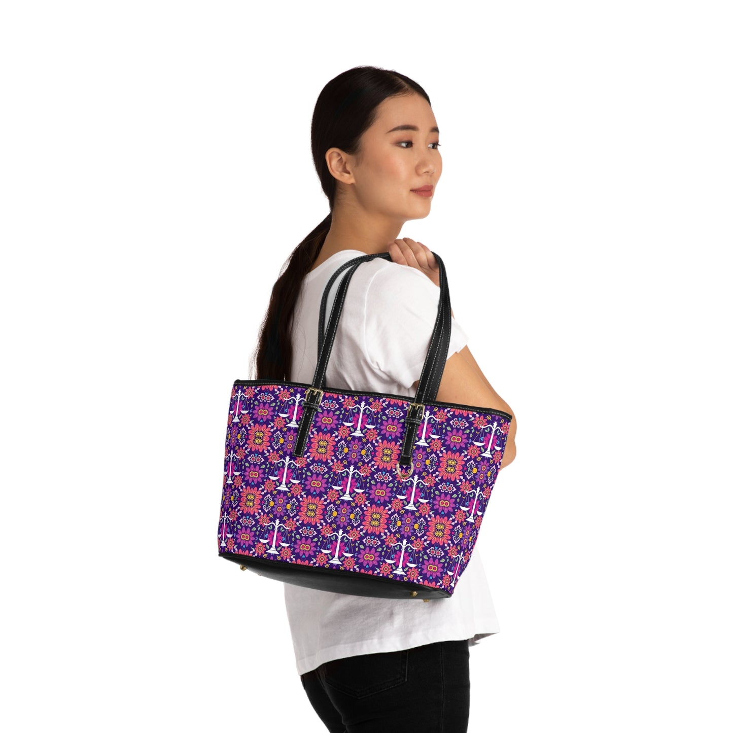 Leather Shoulder Bag, Libra, Zodiac v2, Flower Pattern