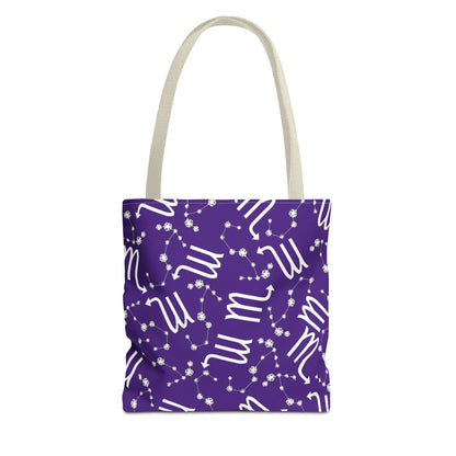 Tote Bag, Scorpio Zodiac Sign, AOP, (Purple, White)