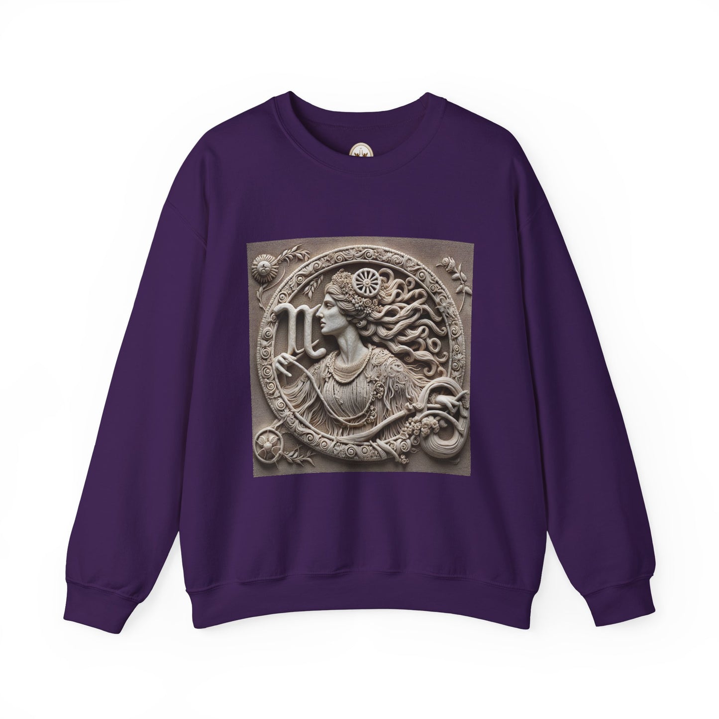 Unisex Heavy Blend™ Crewneck Sweatshirt, Stone Carving, Virgo Zodiac Design