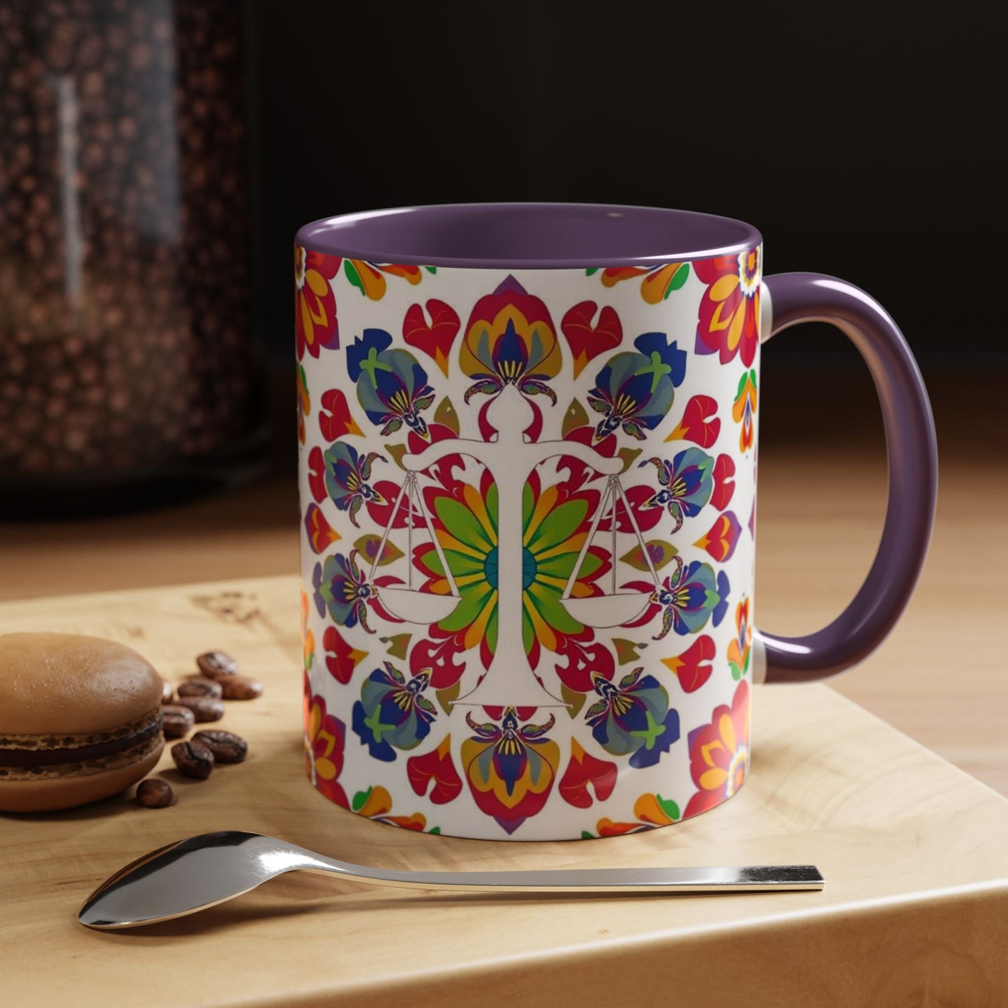Accent Coffee Mug, Libra, Zodiac v1, Flower Pattern, (11, 15oz)