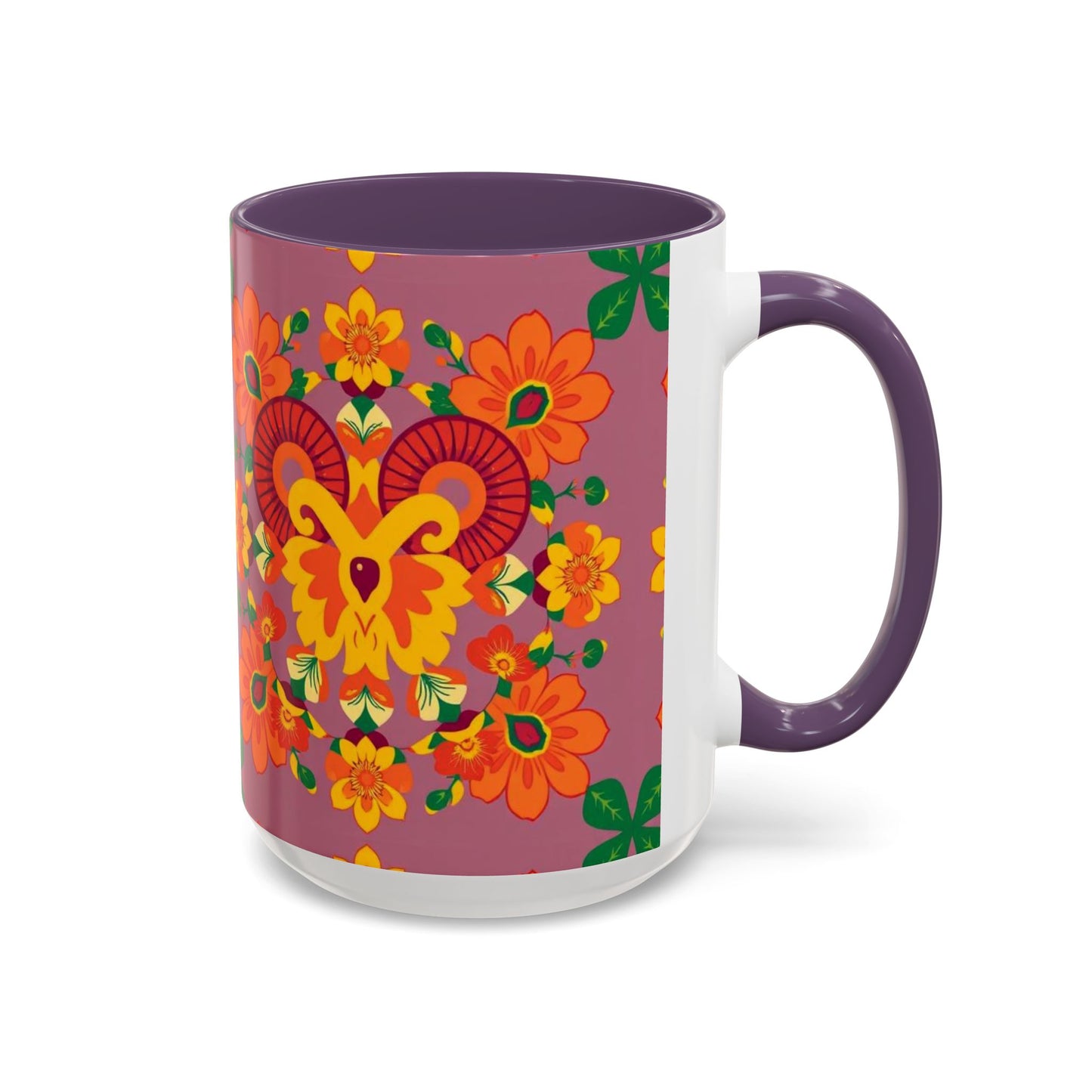 Accent Coffee Mug, Aries, Zodiac v1, Flower Pattern, (11, 15oz)