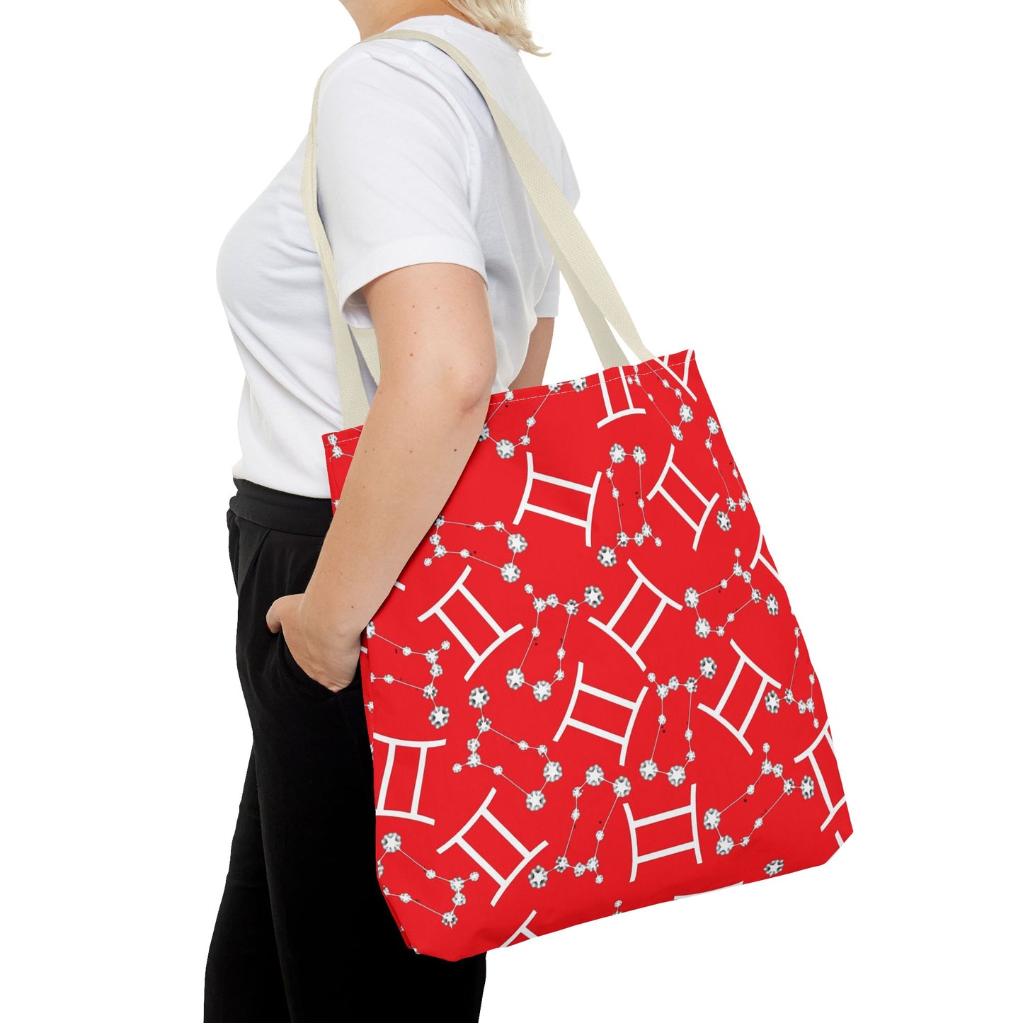 Tote Bag, Gemini Zodiac Sign, AOP, (Red, White Print)