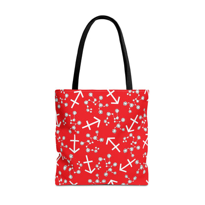 Tote Bag, Sagittarius Zodiac Sign, AOP, (Red, White Print)