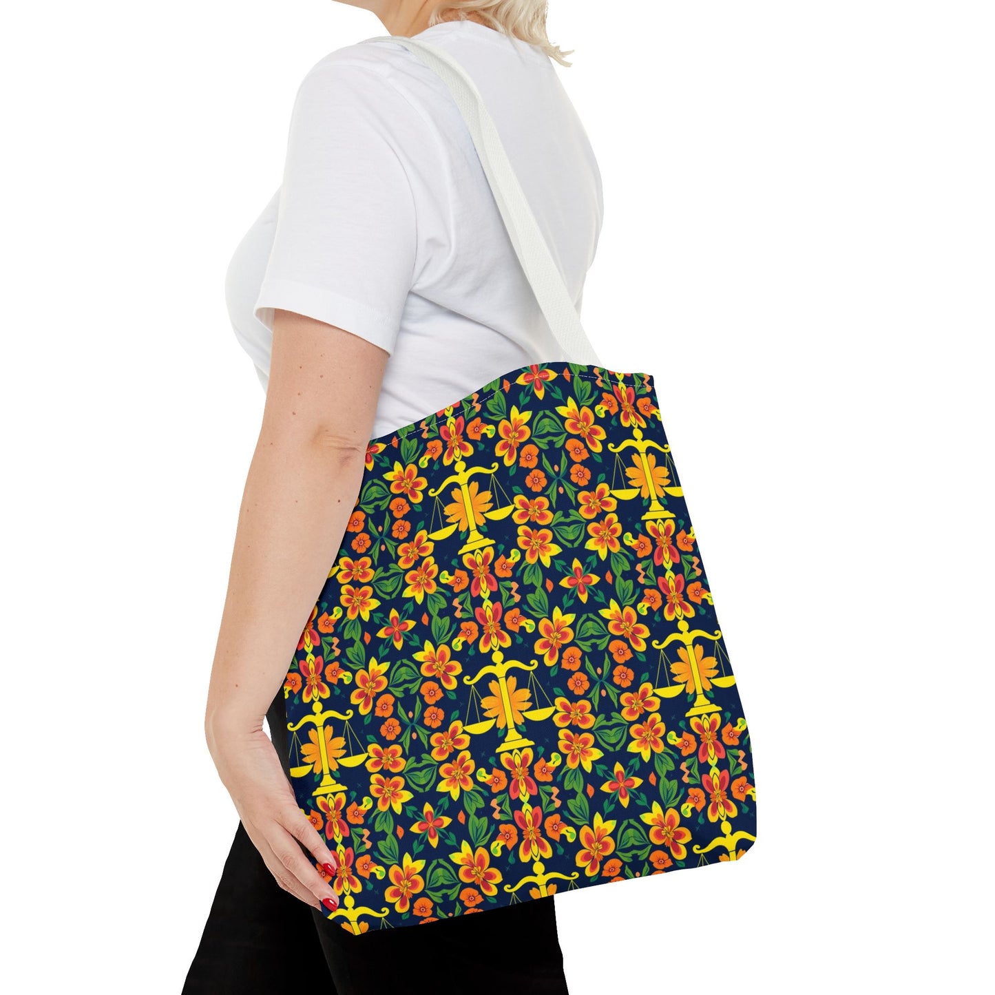 Tote Bag, (AOP), Libra, Zodiac v3, Flower Pattern