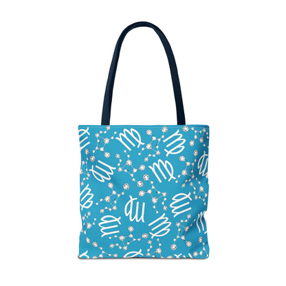 Tote Bag, Virgo Zodiac Sign, AOP, (Turquoise, White)