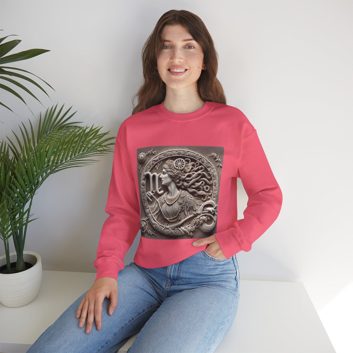 Unisex Heavy Blend™ Crewneck Sweatshirt, Stone Carving, Virgo Zodiac Design