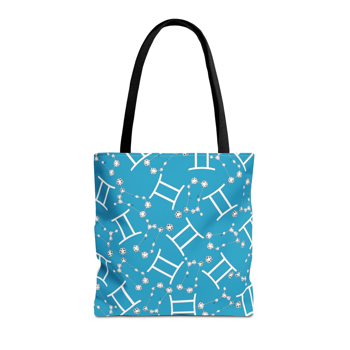 Tote Bag, Gemini Zodiac Sign, AOP, (Turquoise, White Print)