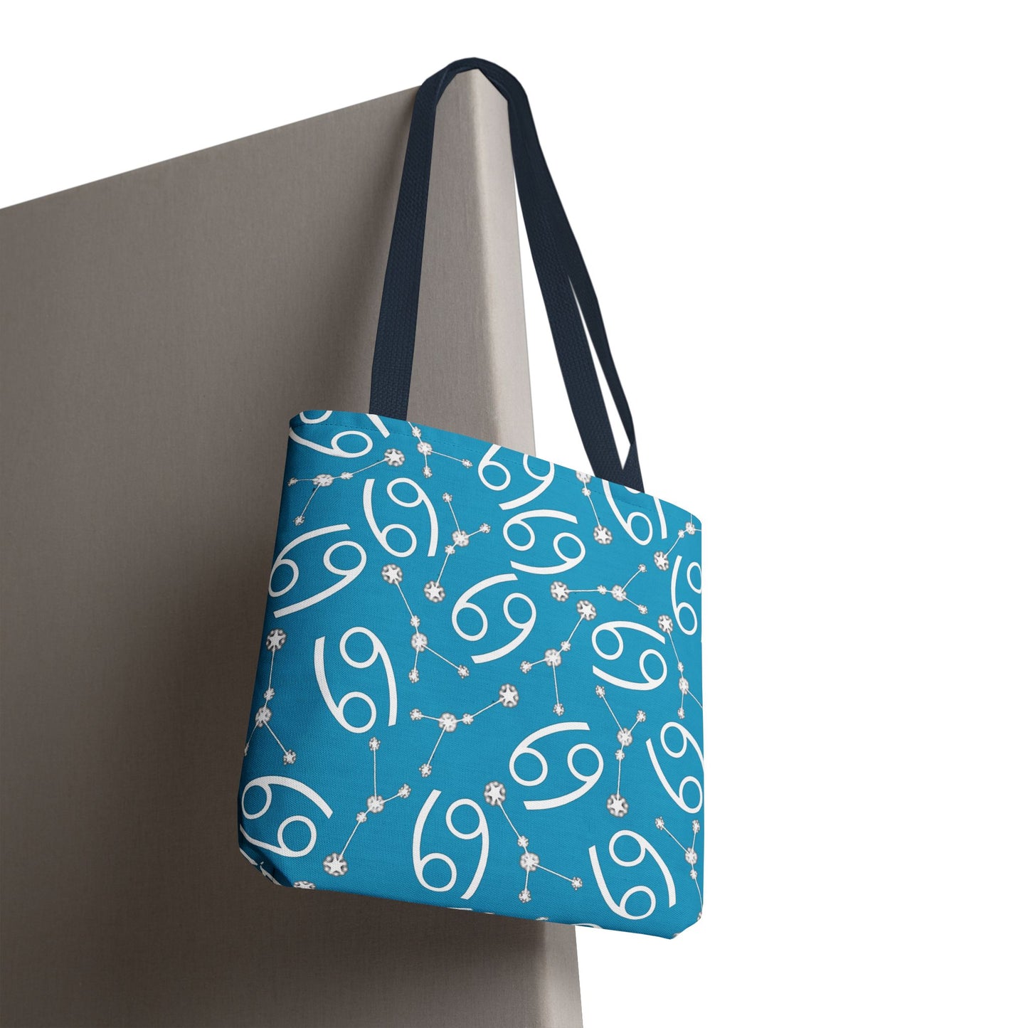 Tote Bag, Cancer Zodiac Sign, AOP, (Turquoise, White)