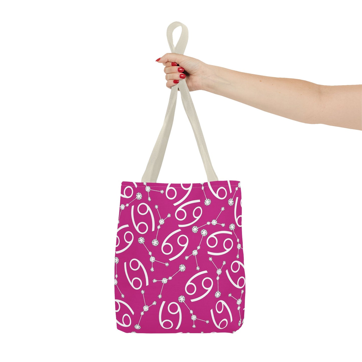 Tote Bag, Cancer Zodiac Sign, AOP, (Pink, White)