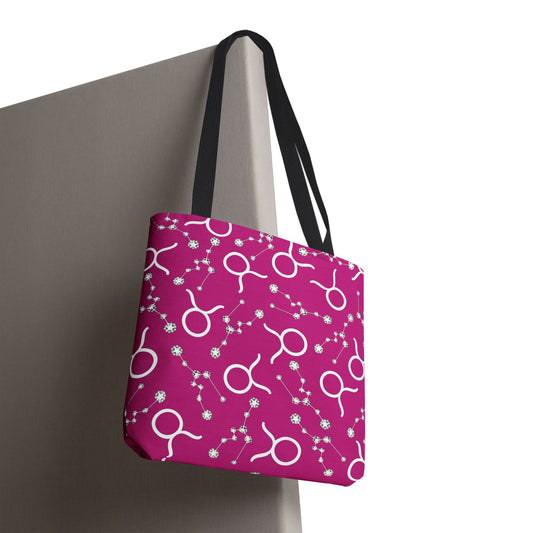 Tote Bag, Taurus Zodiac Sign, AOP, (Pink, White)