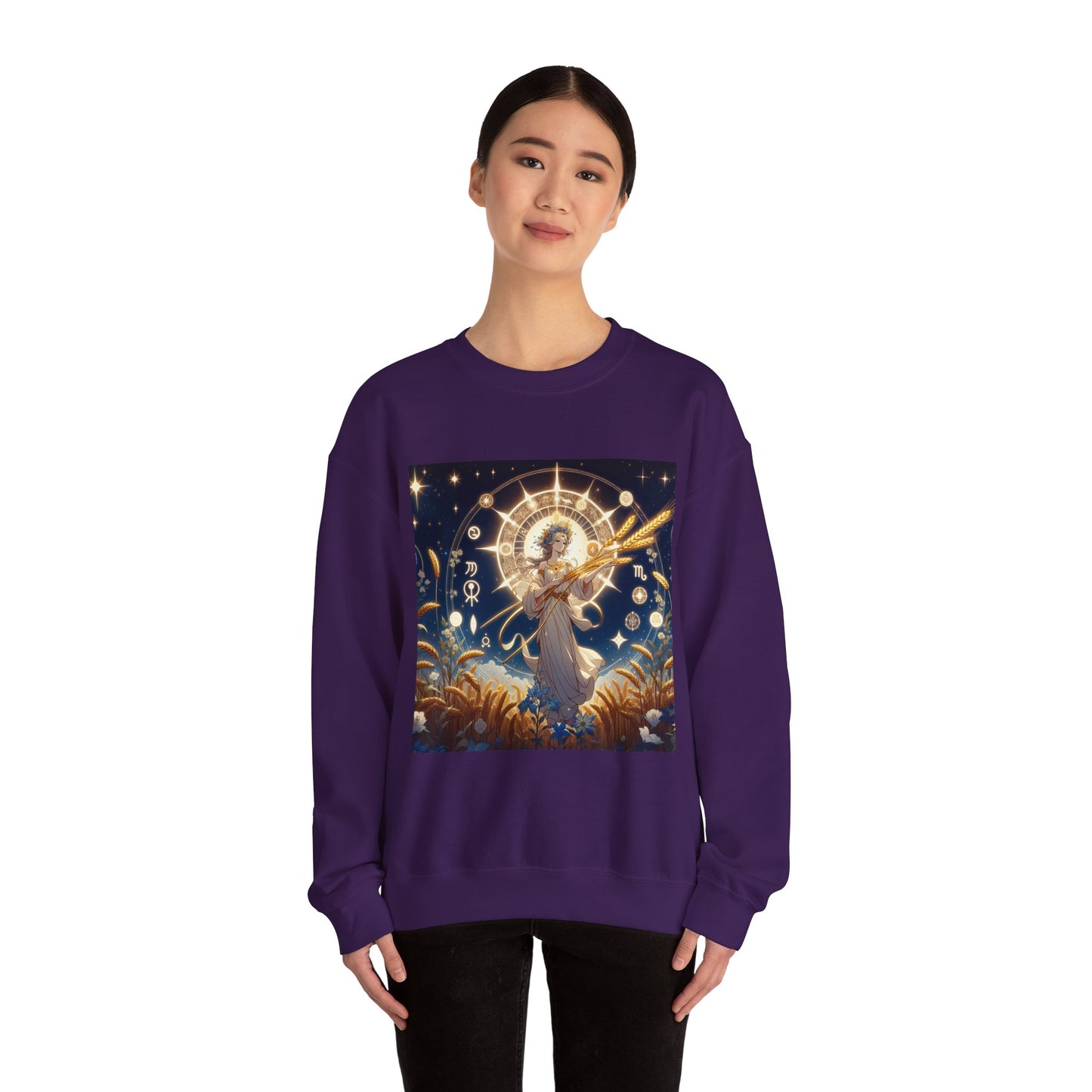 Unisex Heavy Blend™ Crewneck Sweatshirt, anime girl in wheat field, Virgo Zodiac Design