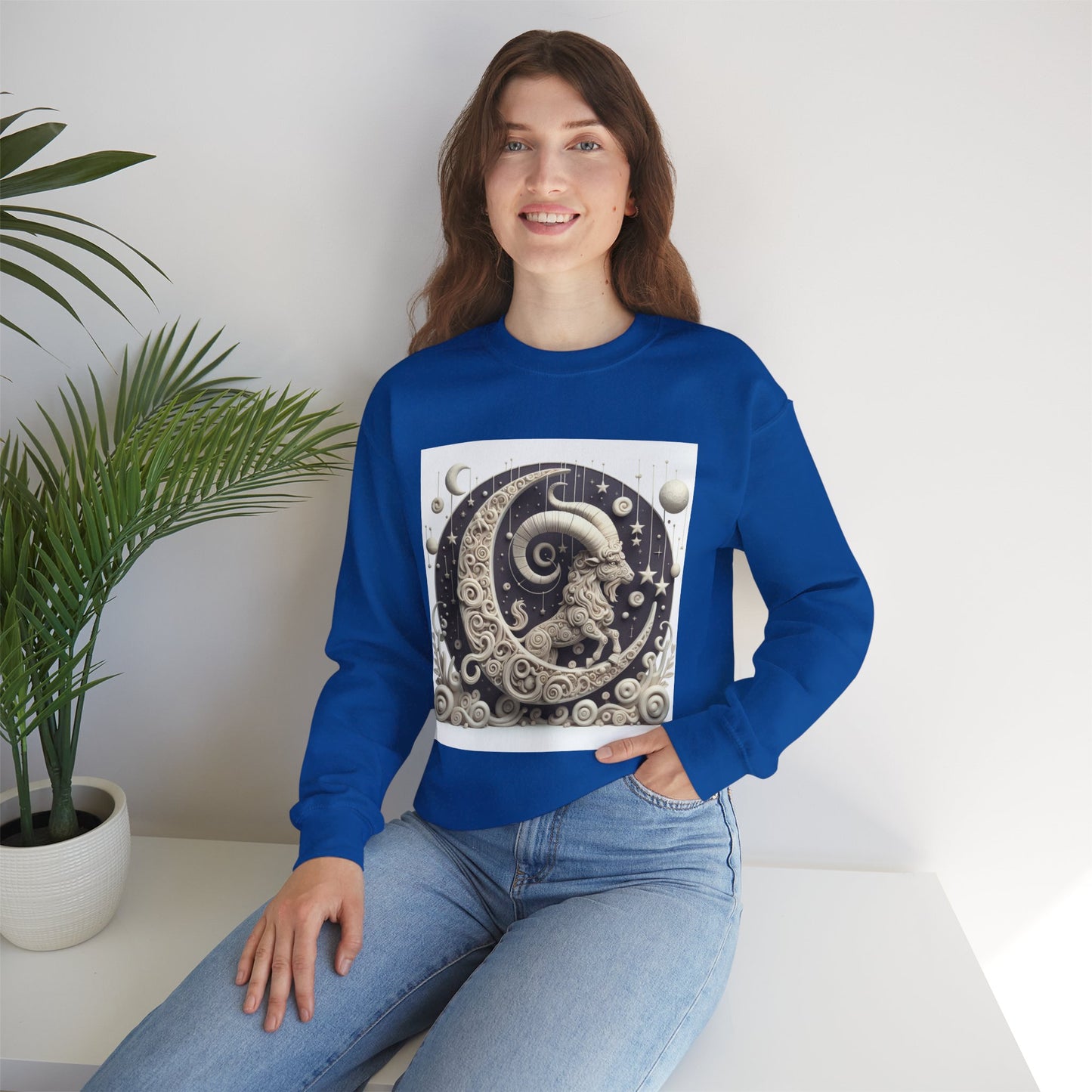 Unisex Heavy Blend™ Crewneck Sweatshirt, Stone Moon, Capricorn Zodiac Design