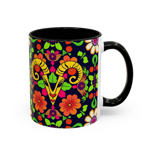 Accent Coffee Mug, Aries, Zodiac v2, Flower Pattern, (11, 15oz)