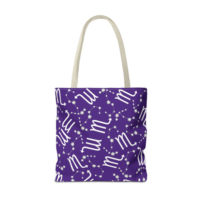 Tote Bag, Scorpio Zodiac Sign, AOP, (Purple, White)