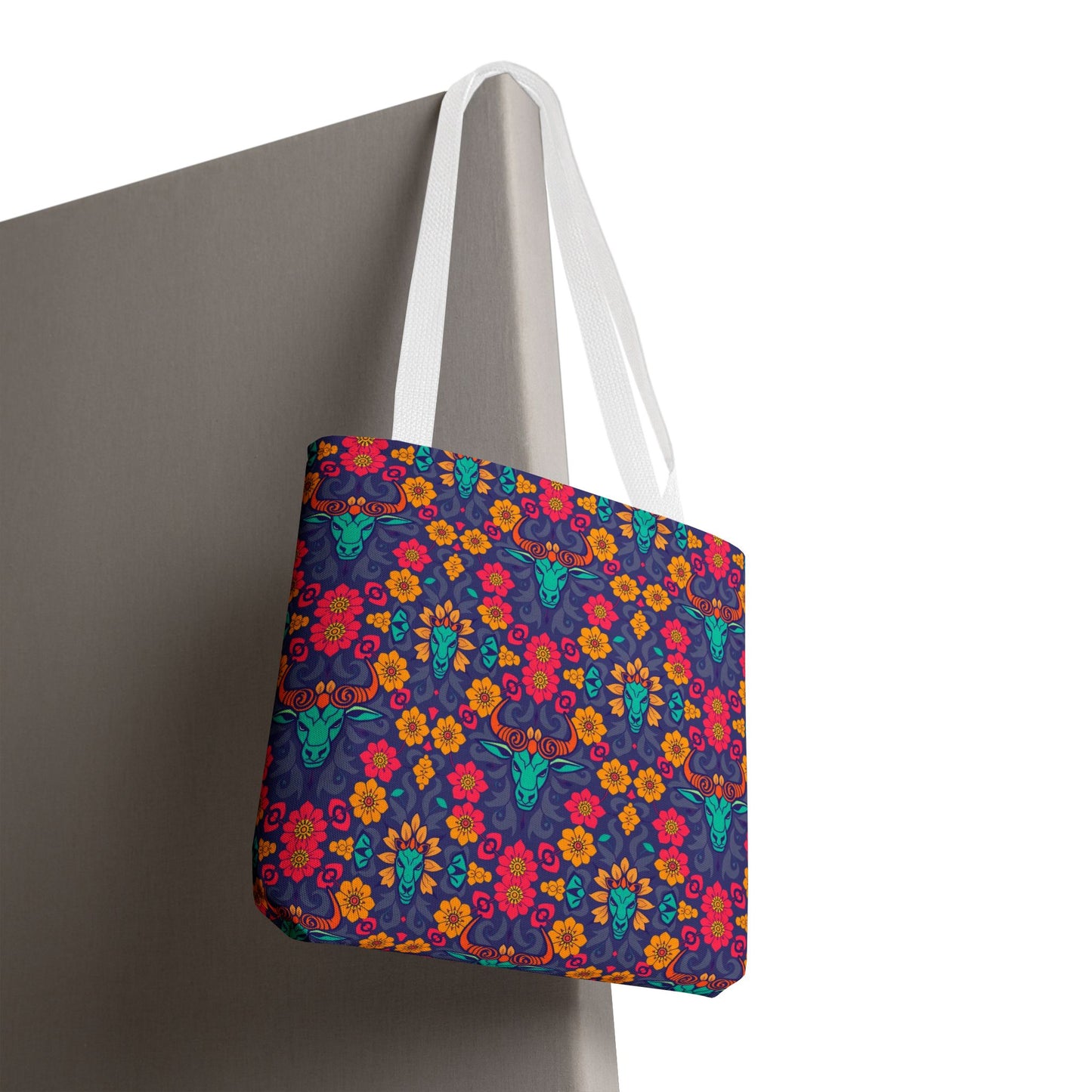 Tote Bag, (AOP), Taurus, Zodiac v1, Flower Pattern