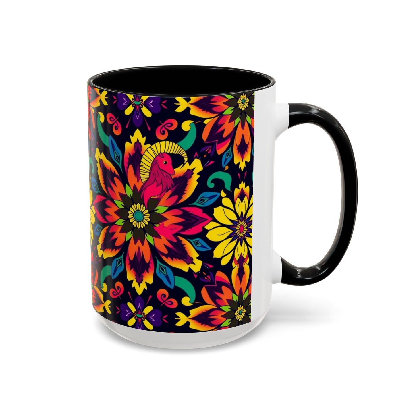 Accent Coffee Mug, Capricorn, Zodiac v4, Flower Pattern, (11, 15oz)