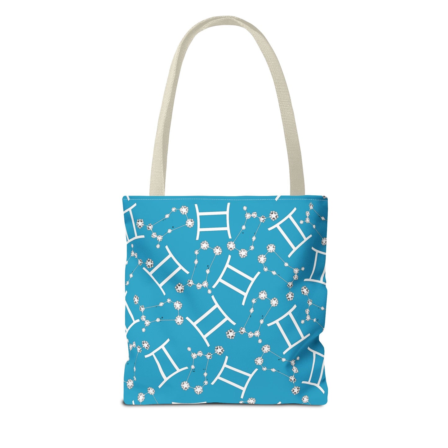 Tote Bag, Gemini Zodiac Sign, AOP, (Turquoise, White Print)