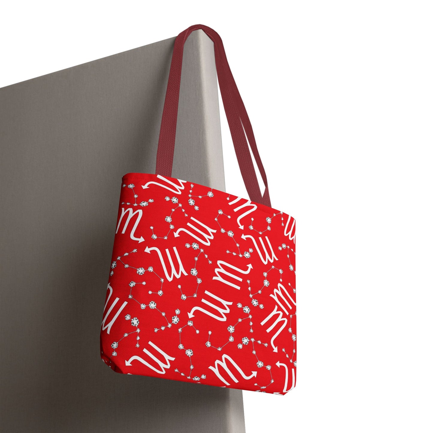 Tote Bag, Scorpio Zodiac Sign, AOP, (Red, White)