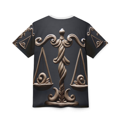 Unisex Cut & Sew T-Shirt (AOP), Bronze Scale, Libra Zodiac Design, Regular fit, 100% Polyester