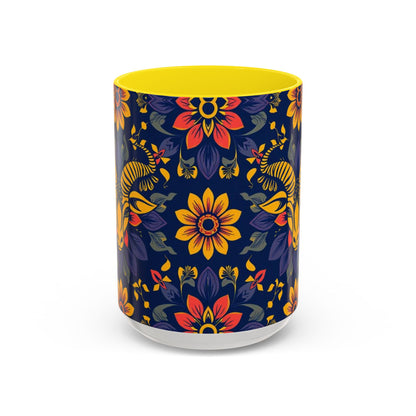 Accent Coffee Mug, Taurus, Zodiac v1. Flower Pattern, (11, 15oz)