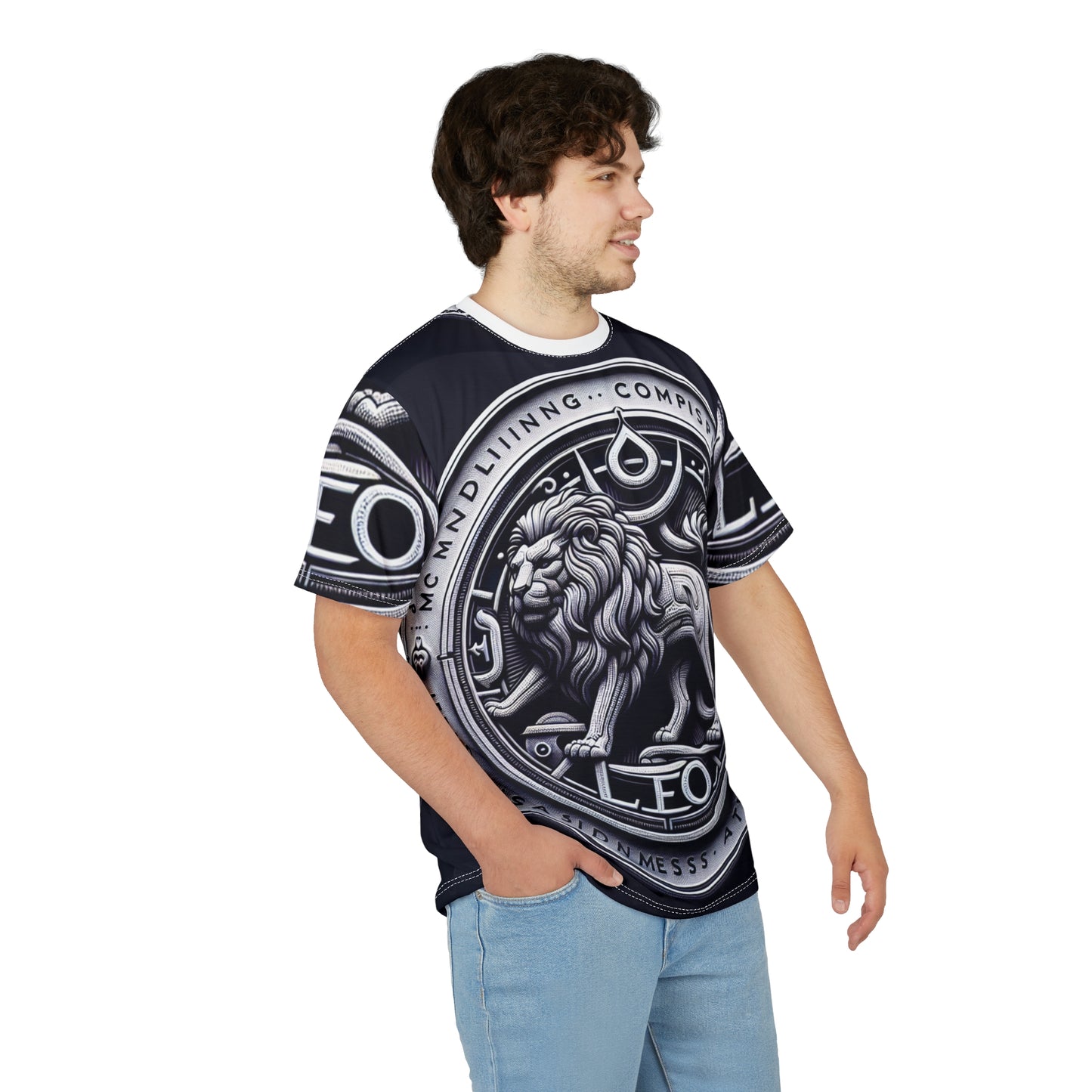Unisex Cut & Sew T-Shirt (AOP), Lion Coin, Leo Zodiac Design, Regular fit, 100% Polyester