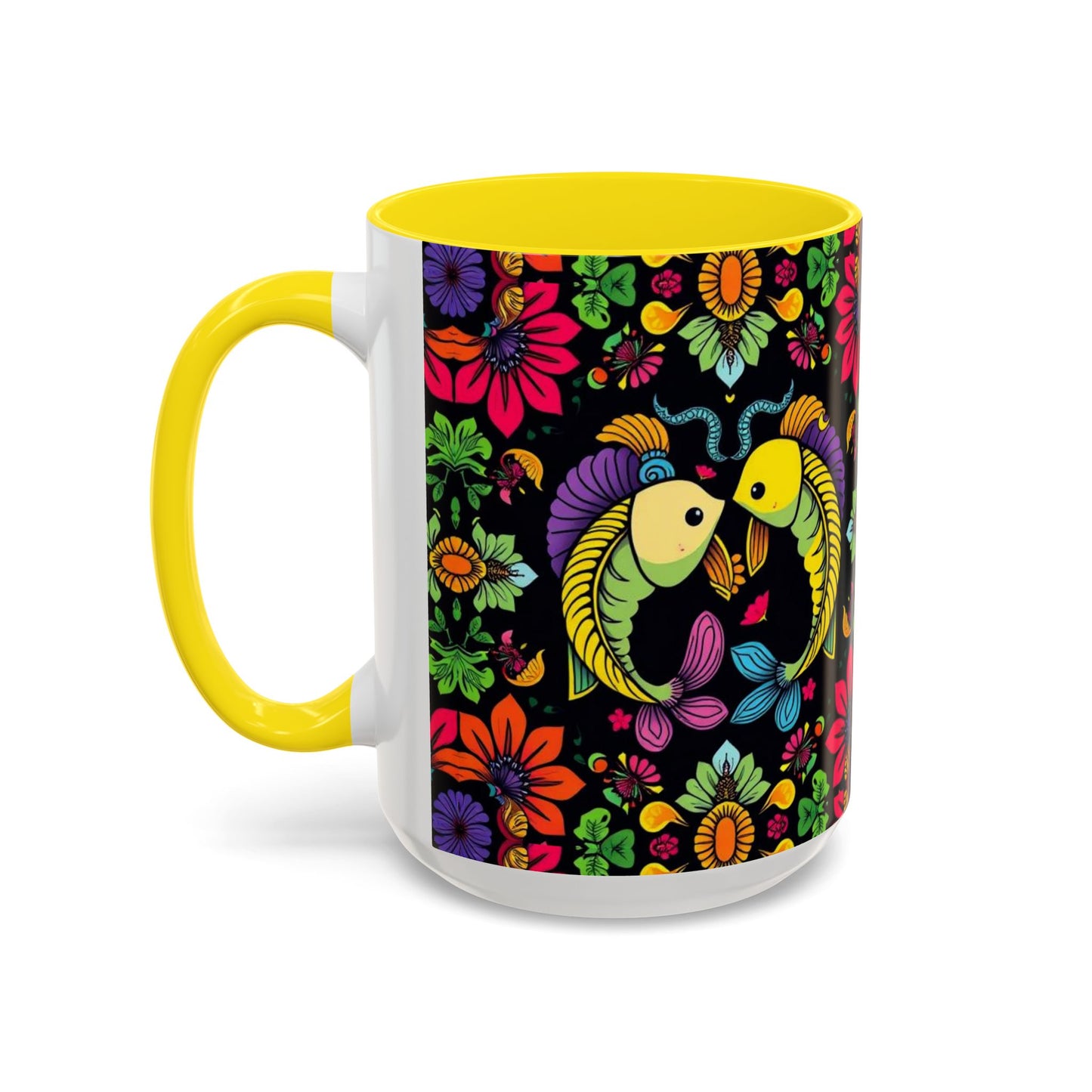 Accent Coffee Mug, Pisces, Zodiac v3, Flower Pattern, (11, 15oz)