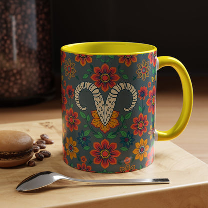 Accent Coffee Mug, Aries, Zodiac v4, Flower Pattern, (11, 15oz)