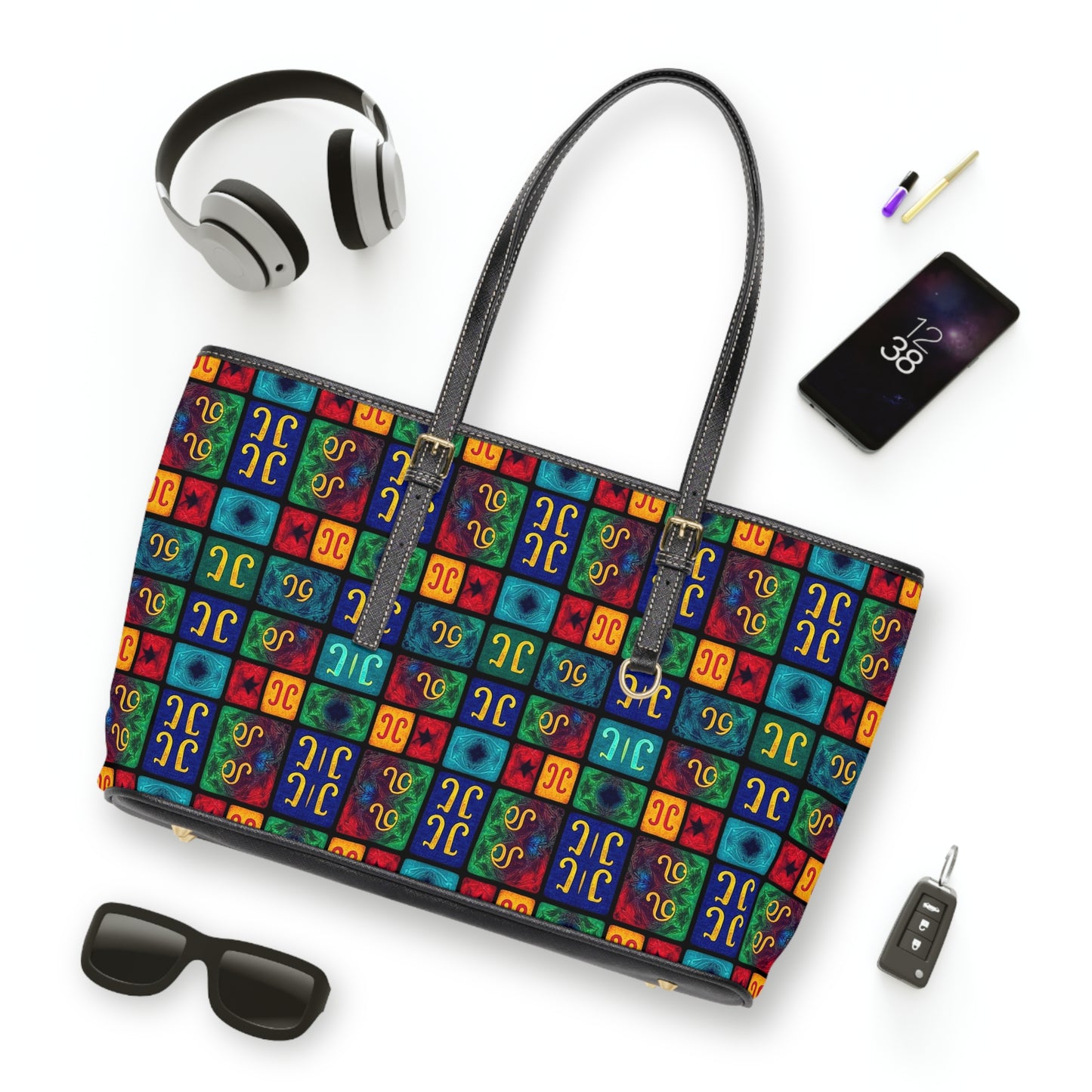 Leather Shoulder Bag, Aquarius, Zodiac v1, Shapes Pattern