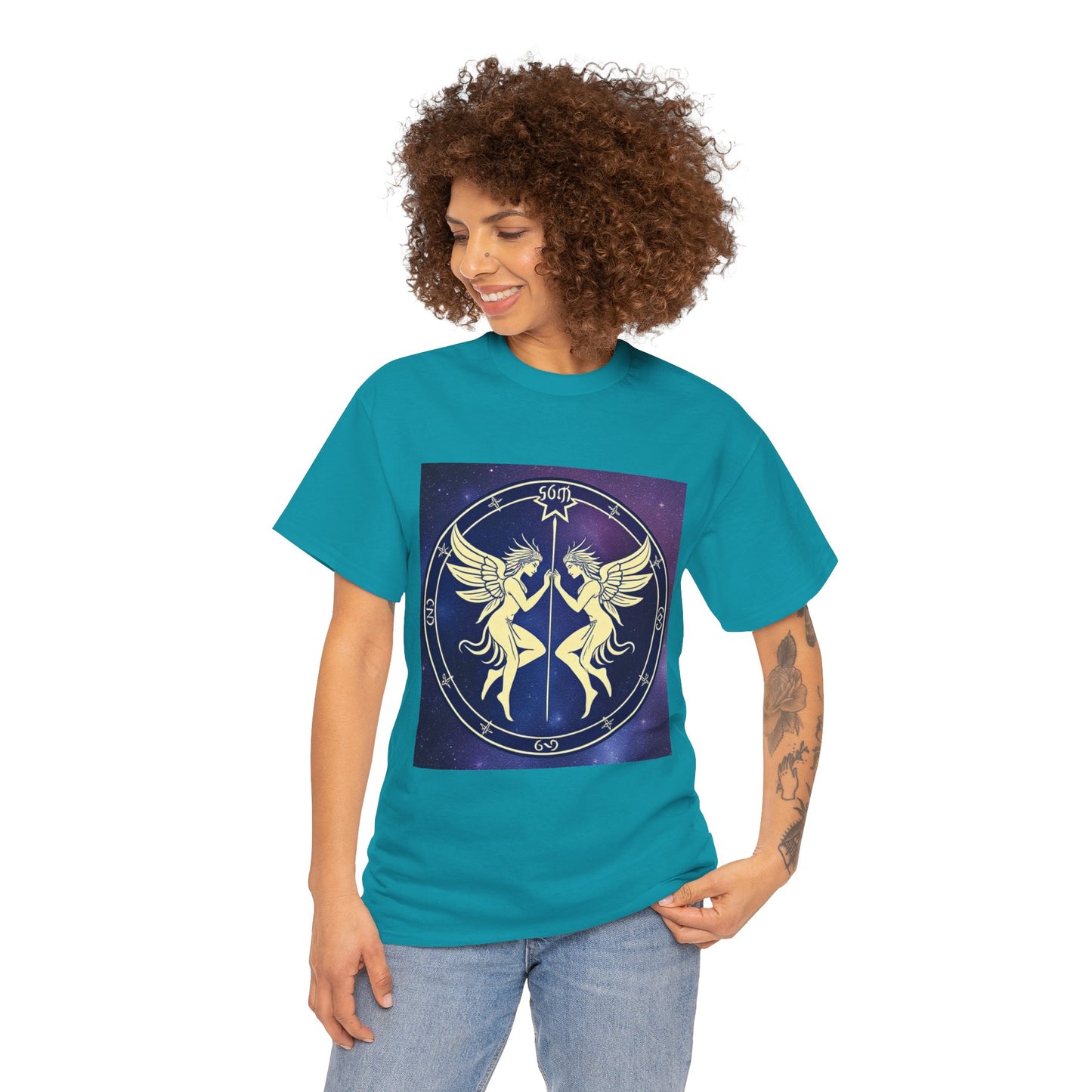 Unisex Heavy Cotton T-Shirt, Space Angel Twins, Gemini Zodiac Design
