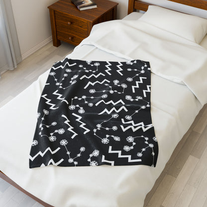 Velveteen Plush Blanket, Aquarius Zodiac Sign, Constellation & Symbol, Black, 100% polyester