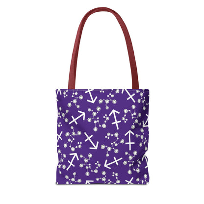 Tote Bag, Sagittarius Zodiac Sign, AOP, (Purple, White Print)
